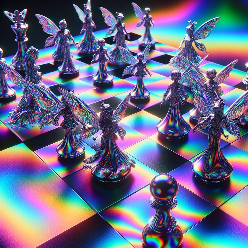 Iridescent Chessboard with Magical Fairies