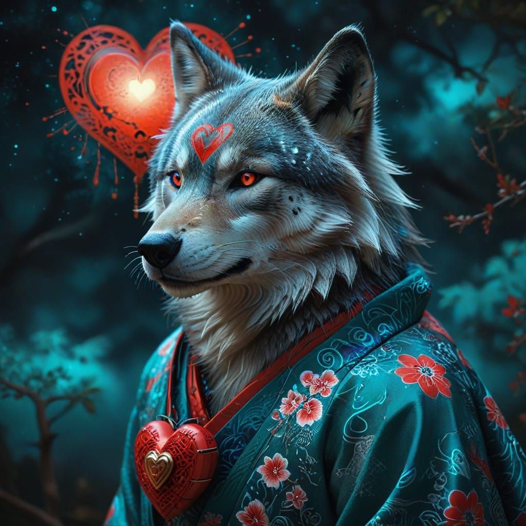 Wolf in Elegant Japanese Attire Holds a Heart under Moonligh...