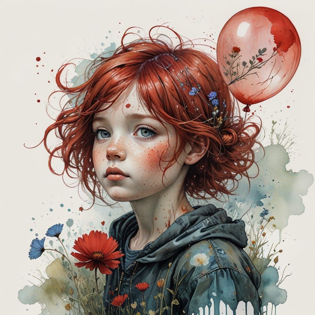 Child with Red Balloon in Flowing Meadow: Watercolor