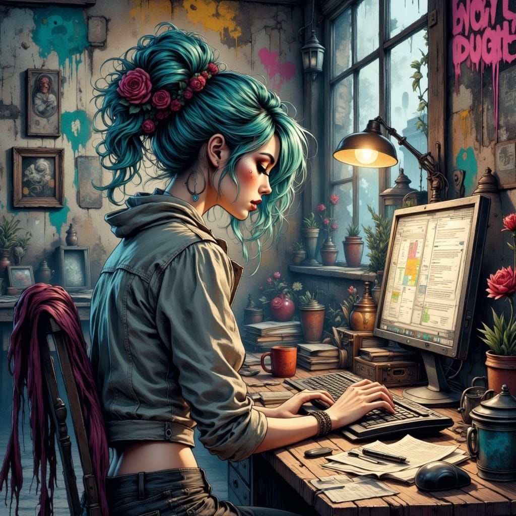 Glamorous Woman in a Cyberpunk Lair