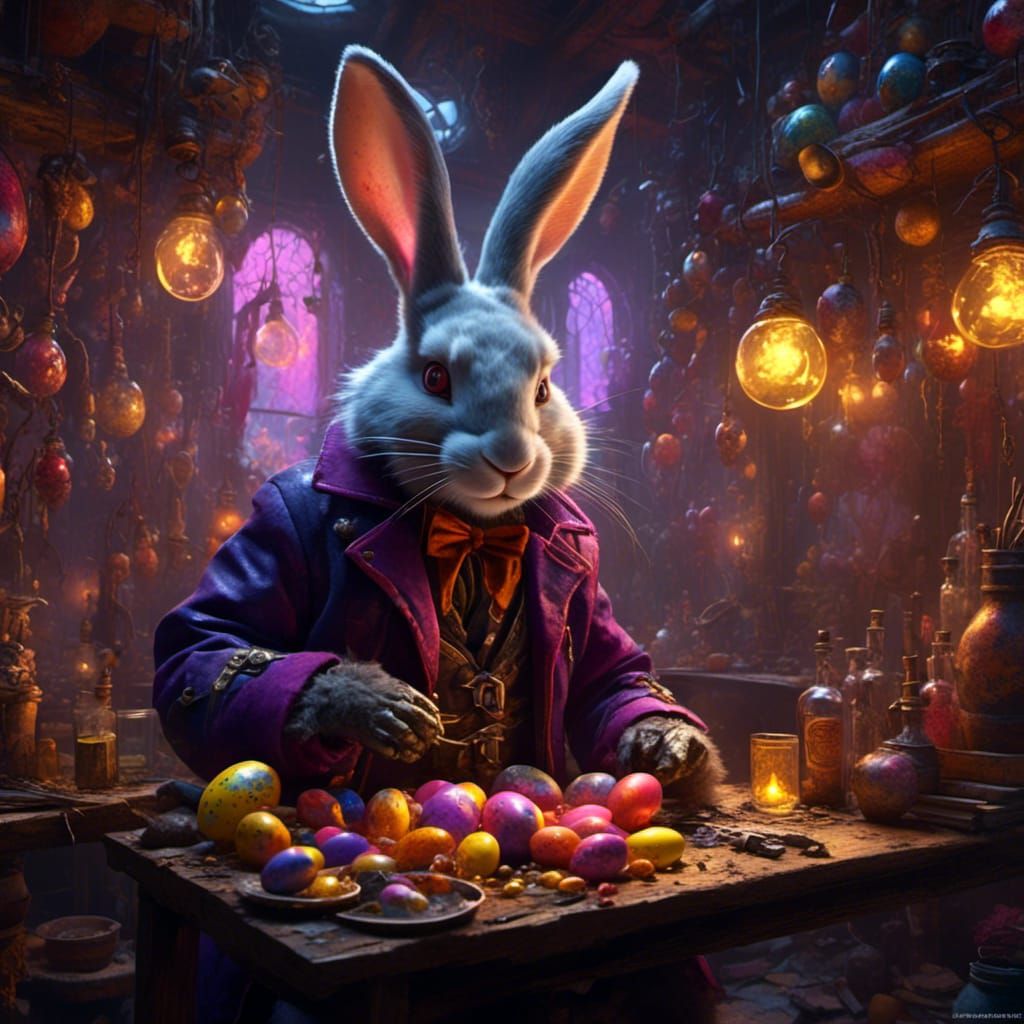 Easter Rabbit with Neon Eggs in Dark Fantasy Style