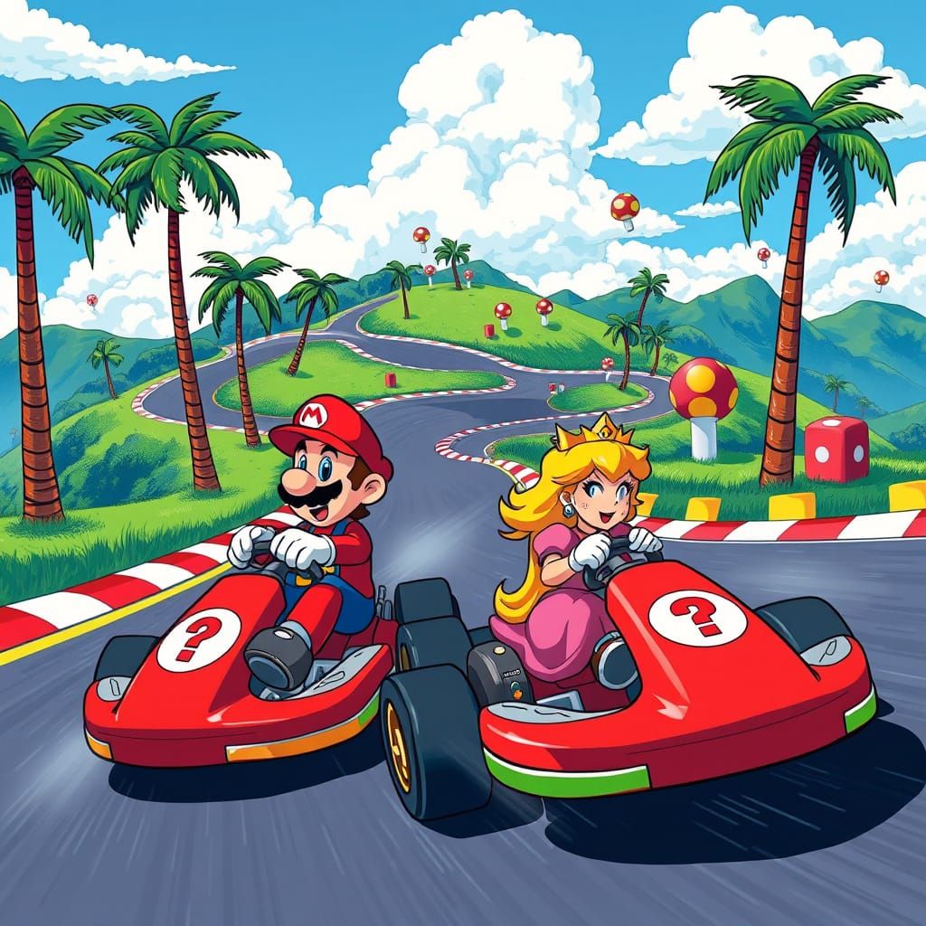 Mario Kart Scene in Vibrant, Whimsical Style