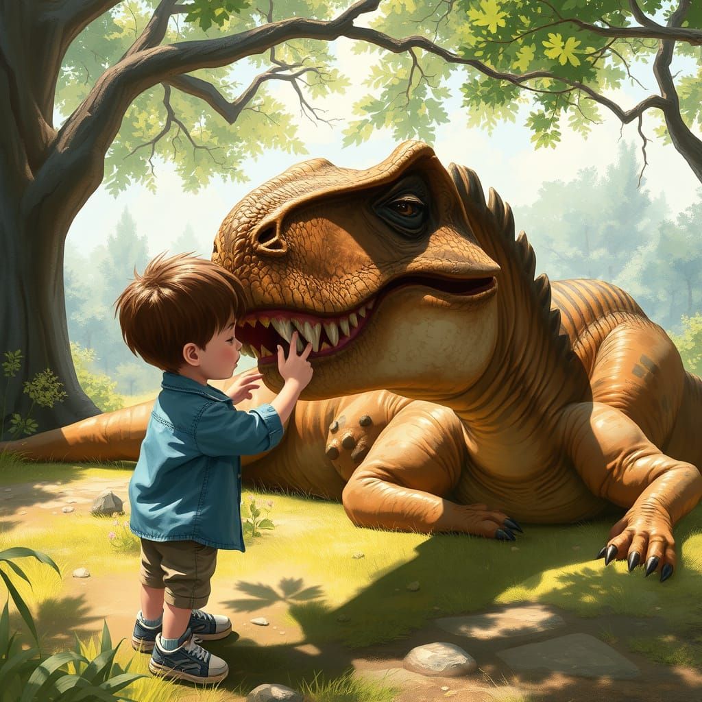 Whimsical Boy and Sleeping T-Rex in a Sunlit Clearing