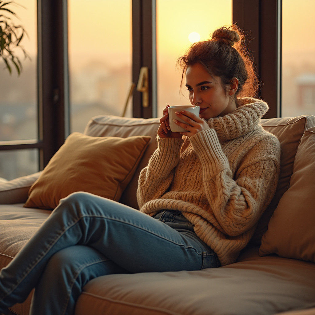 Cozy Woman Sipping Hot Chocolate in Modern Home