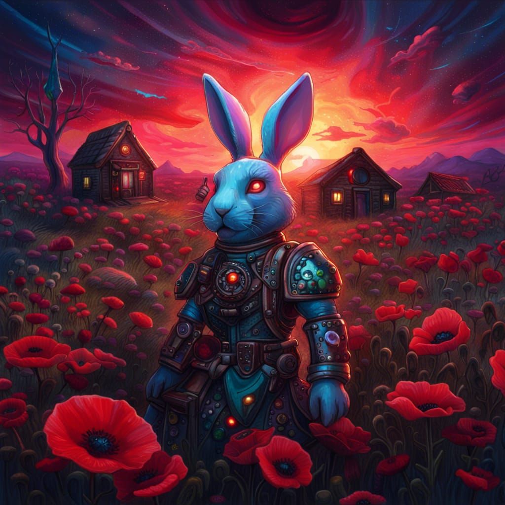 Mechanical Bunny in Poppy Field, Holographic Illustration