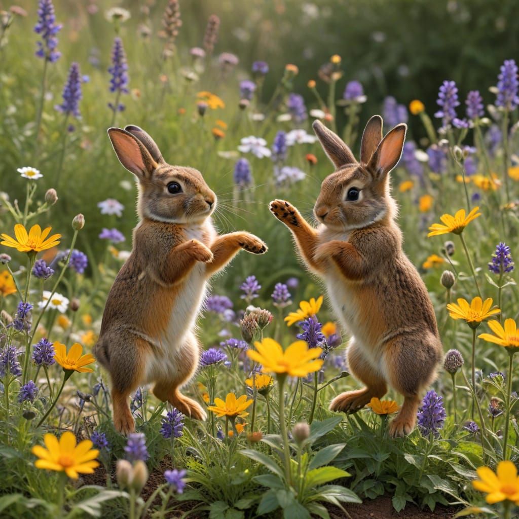 Graceful rabbits dance a gentle minuet in the wildflower meadow.