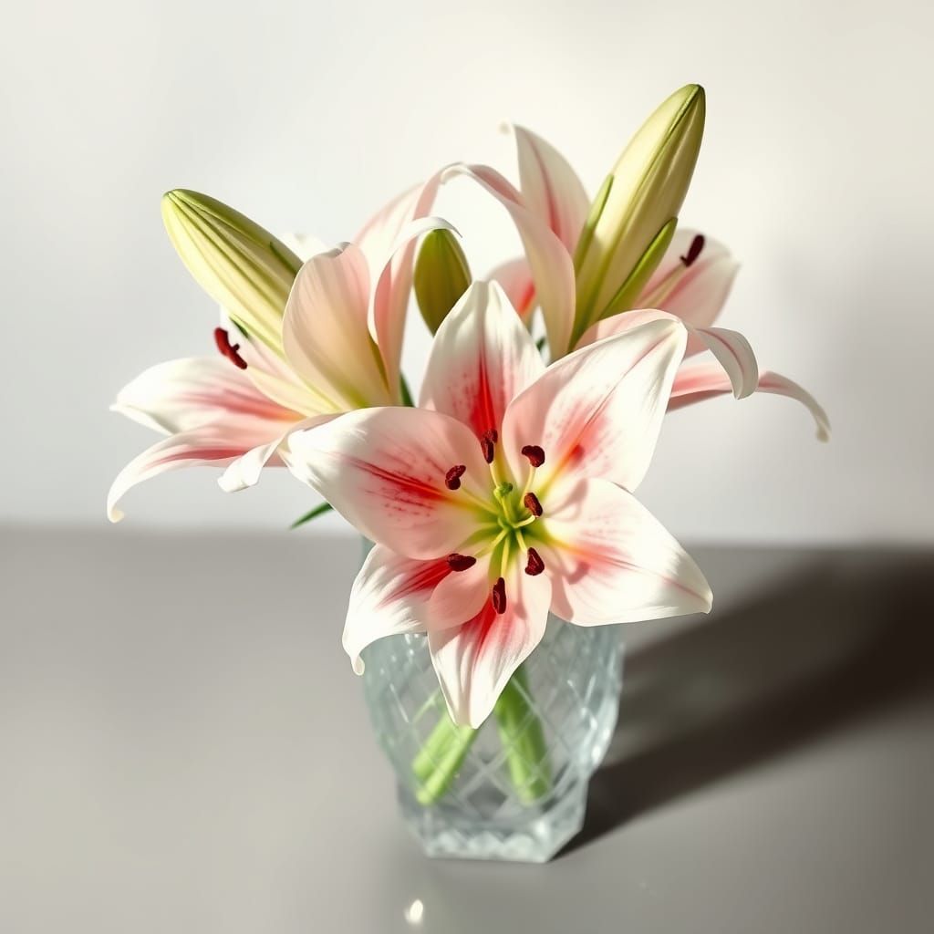 Lilly Flowers in Crystal Vase: Botanical Illustration