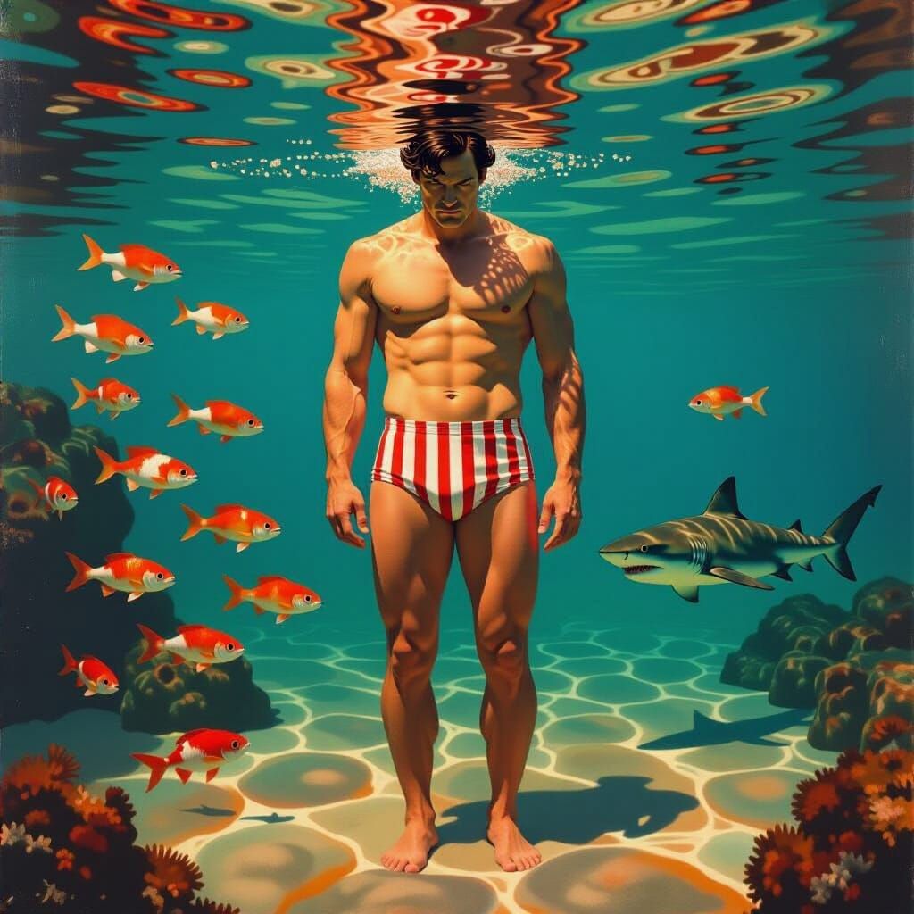 Sherlock Holmes Underwater in Victorian Swim Trunks with Fis...