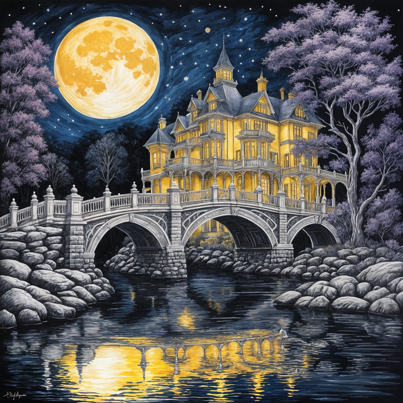 Victorian Mansion Nightscape in Vibrant Charcoal Illustratio...