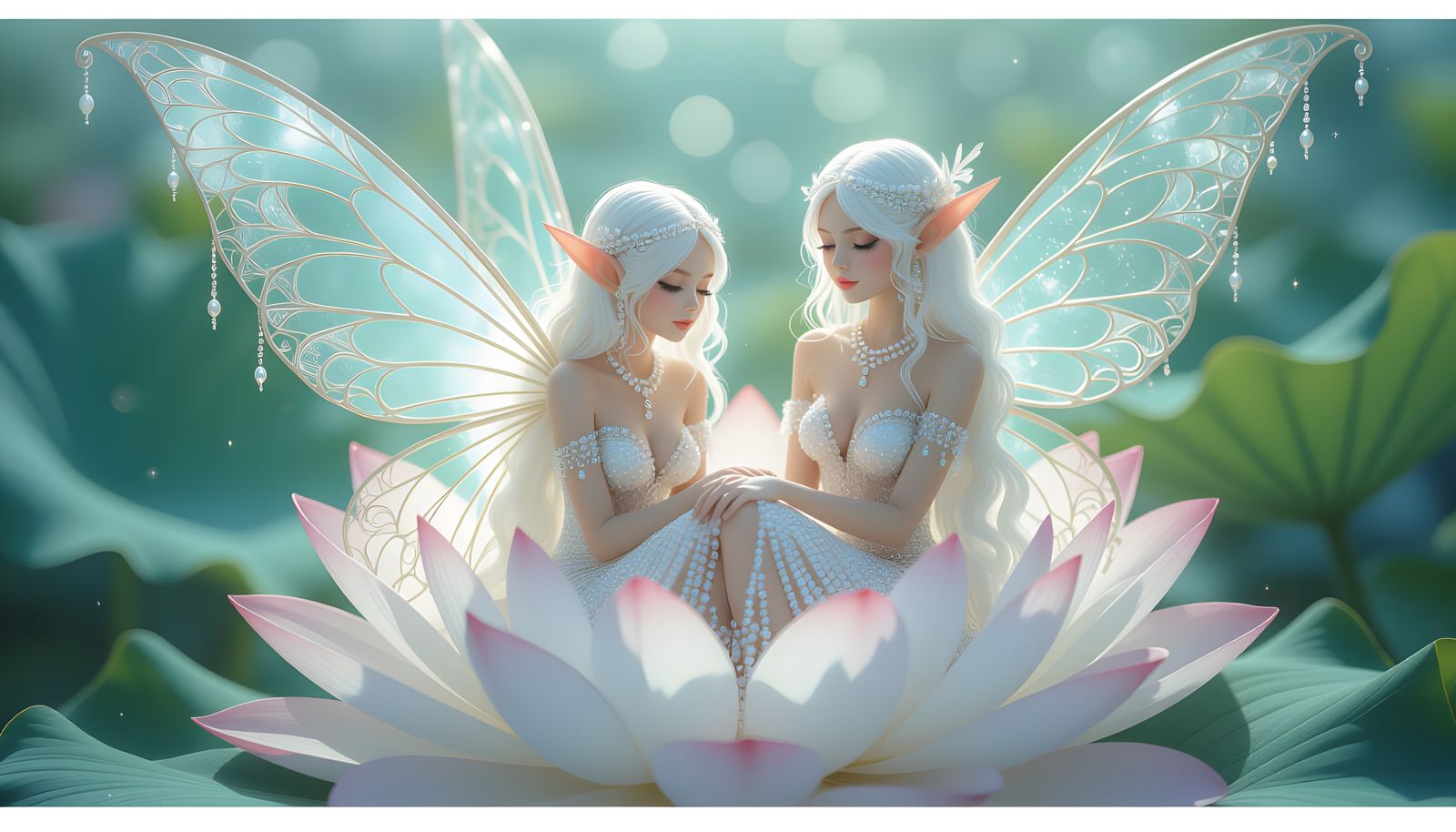 Fairy Covered in Pearls in Lotus Flower