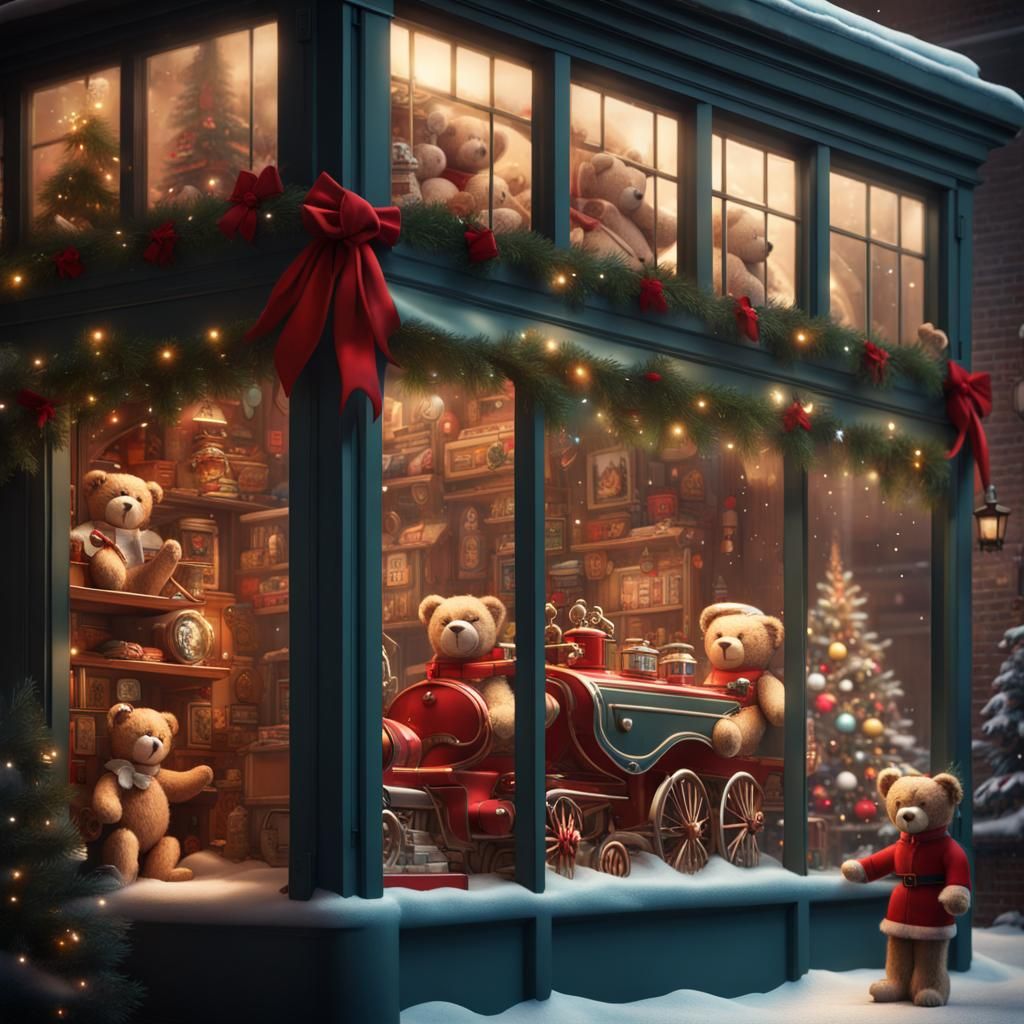 1950s Christmas toy shop window display with trains , teddy ...