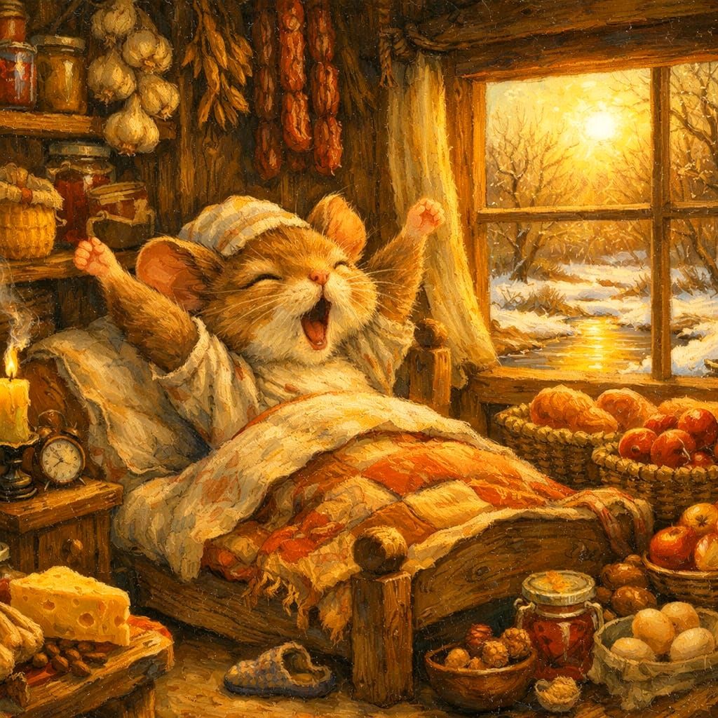 Cute Mouse Wakes in Sunlit Pantry as Oil Painting