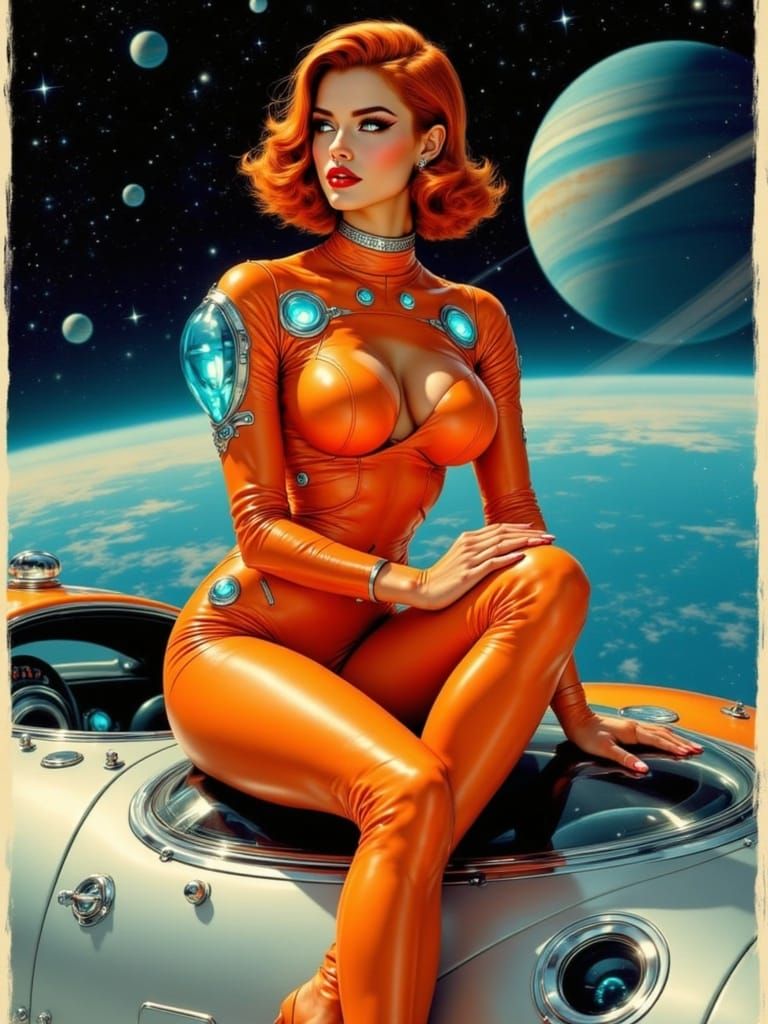 Spacewoman in Retro-Futuristic Space Suit, Surrounded by Pla...