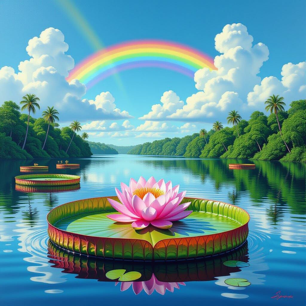 Giant Lilypads and Rainbow in Graffiti Art Style