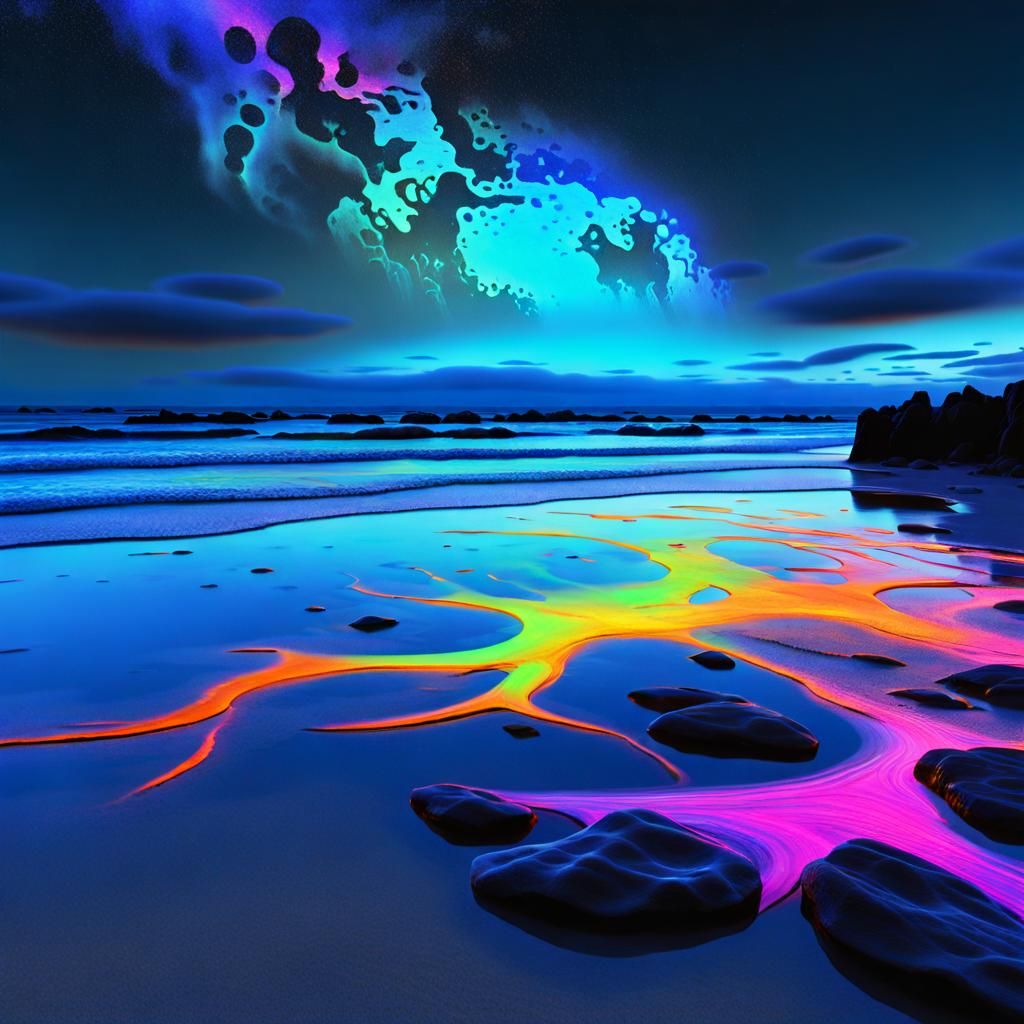 Bioluminescent Beach at High Tide in 3D