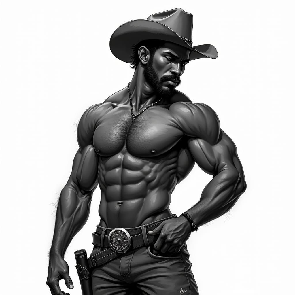 Muscular Cowboy Pinup in Bold Black and White Style