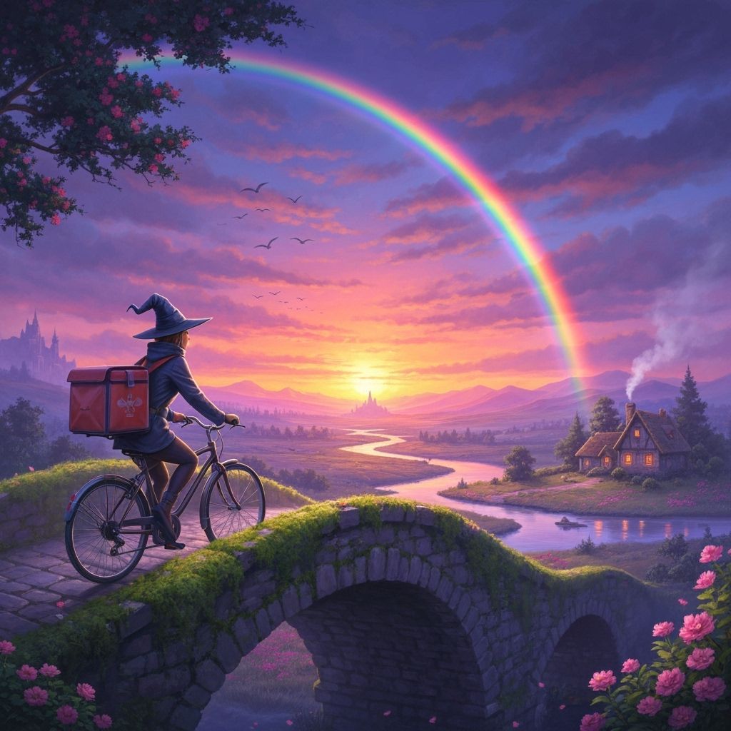 Witch Delivery Cyclist on Mossy Bridge at Sunset