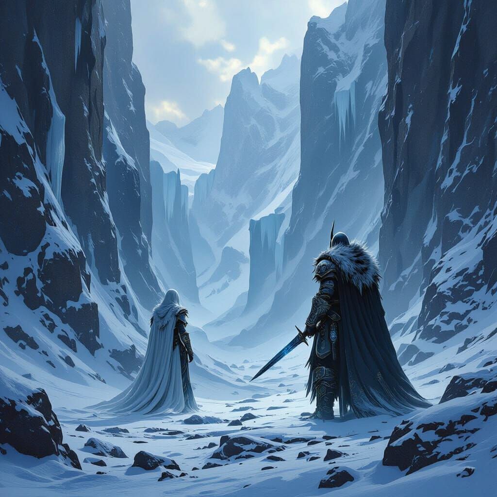 Highland Warriors in Snowy Canyon, Eerie Magical Realism