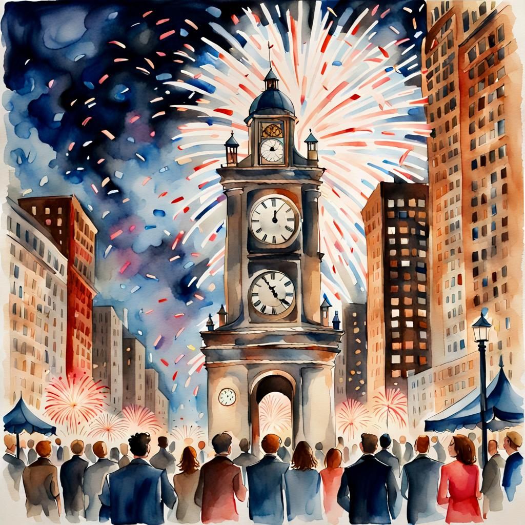 Chicago Cityscape Celebrates New Year in Watercolor