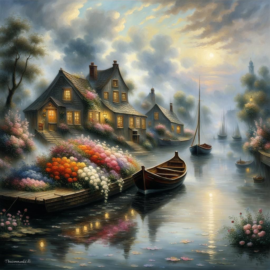 Floral Boats on Water in Rembrandt Style