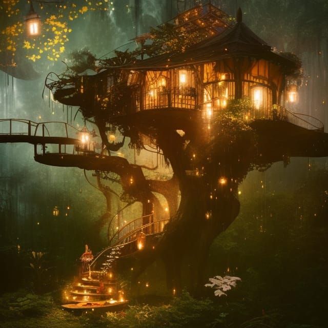 Enchanted Treehouse with Waterfall, Digital Art