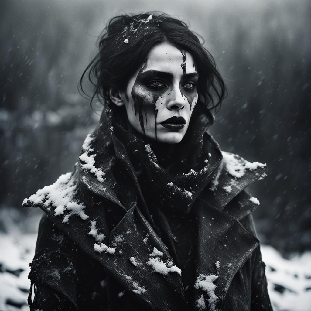 Gothic Model in Icy Landscape, Bradford-Style Photography