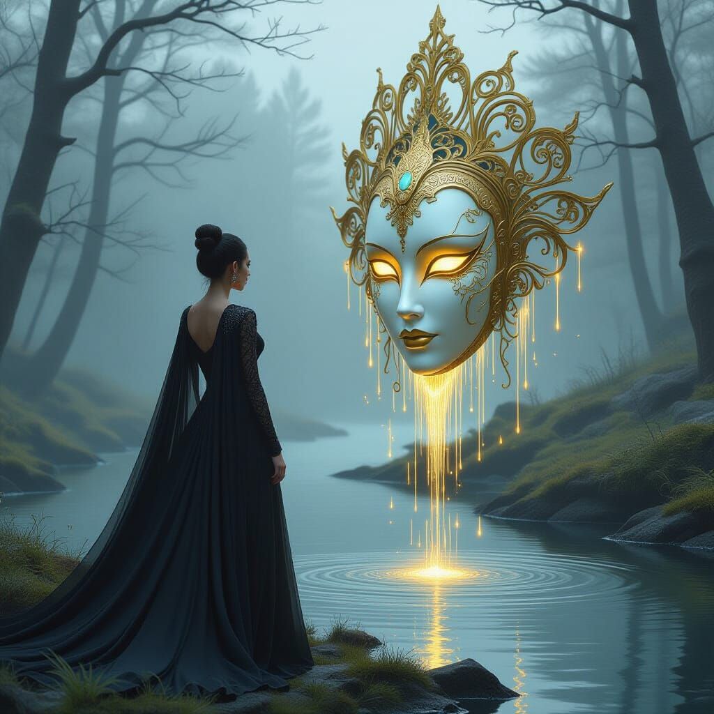 Enchanted Forest: Woman and Golden Mask in Dreamlike Scene