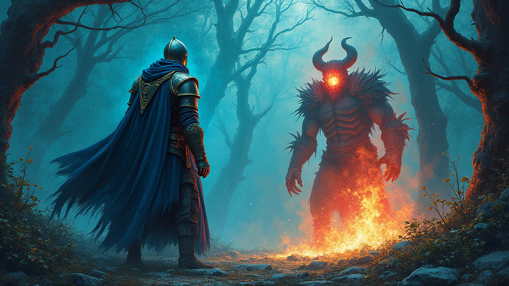 Knight Confronts Demon in Graffiti Pixel Art Forest