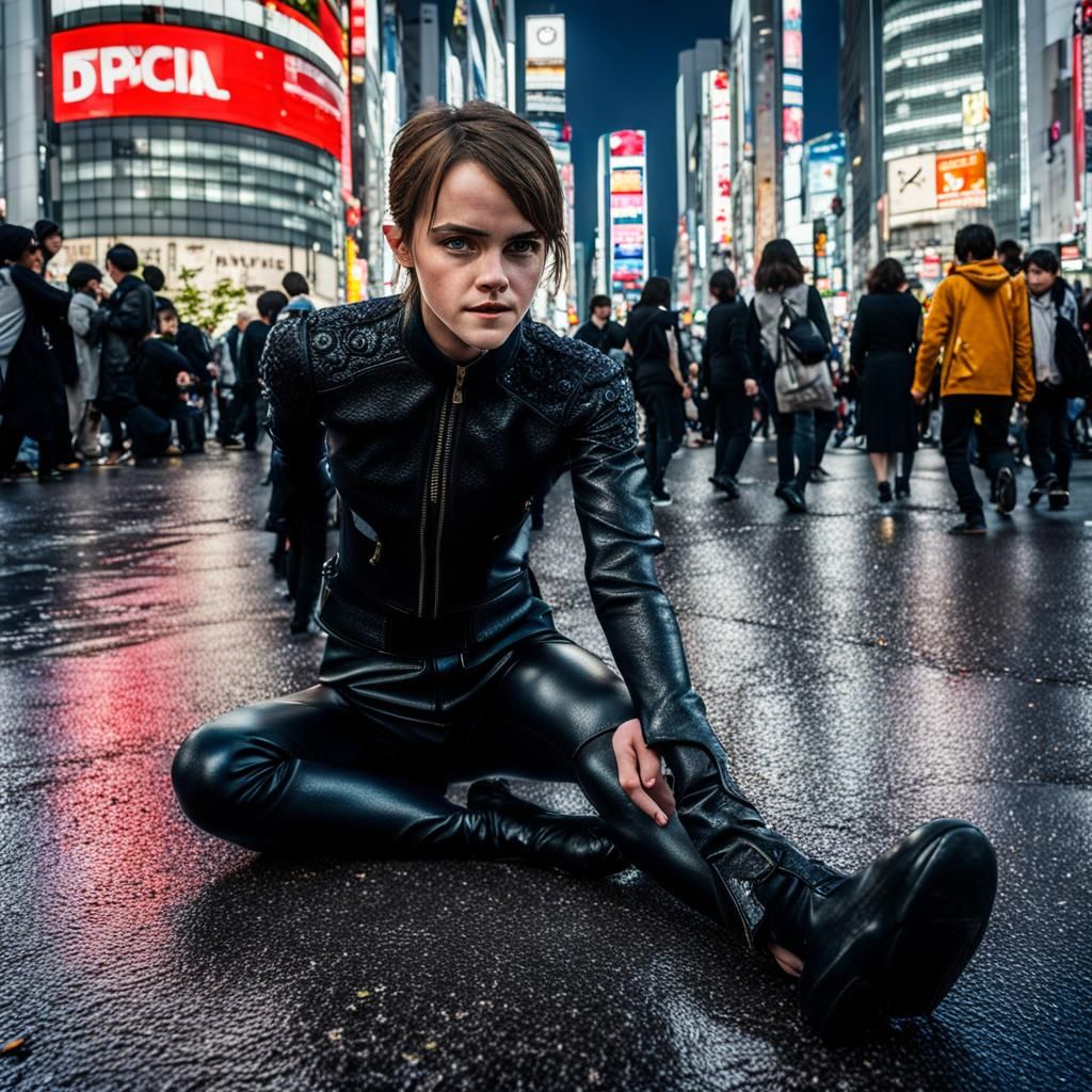 Woman in Leather Catsuit at Shibuya Crossing