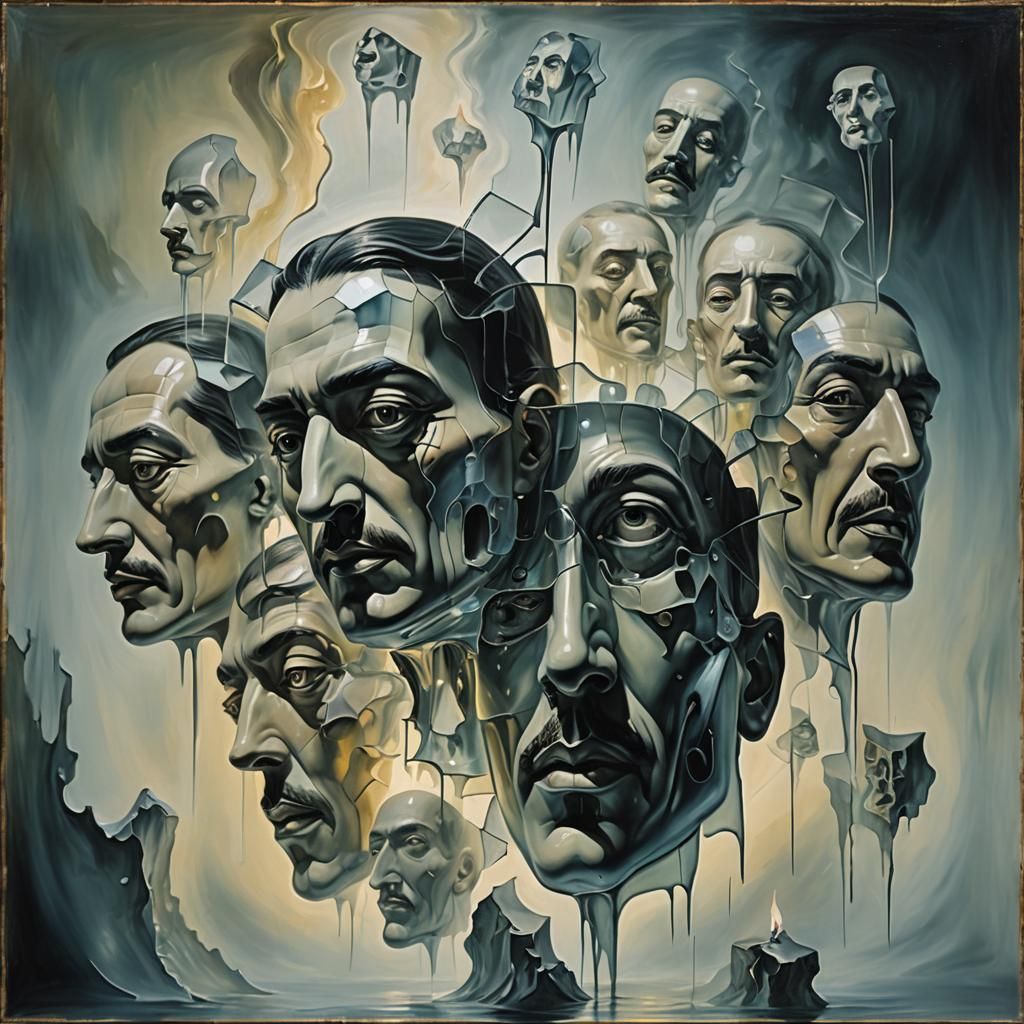 Surreal Transparent Head with Multiple Faces in Dreamy Setti...