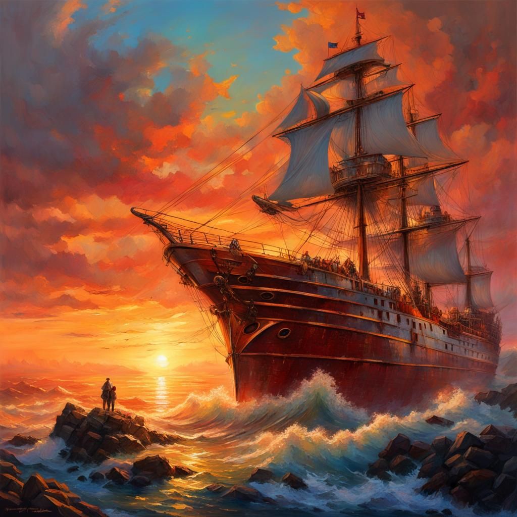 Fantastical Lighthouse and Ship at Sunset, Digital Art