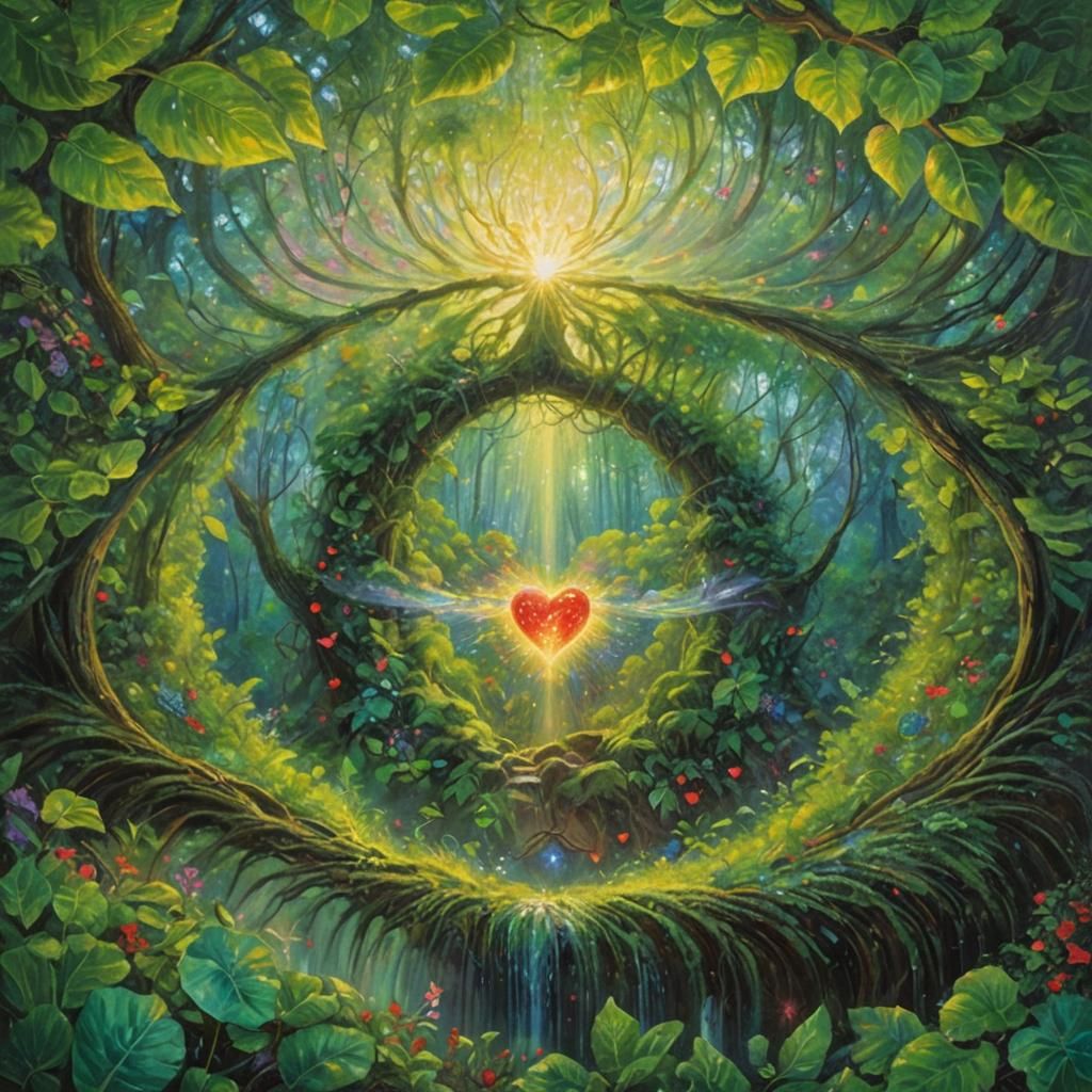 Radiant Heart in Mystical Forest, Impressionist Painting