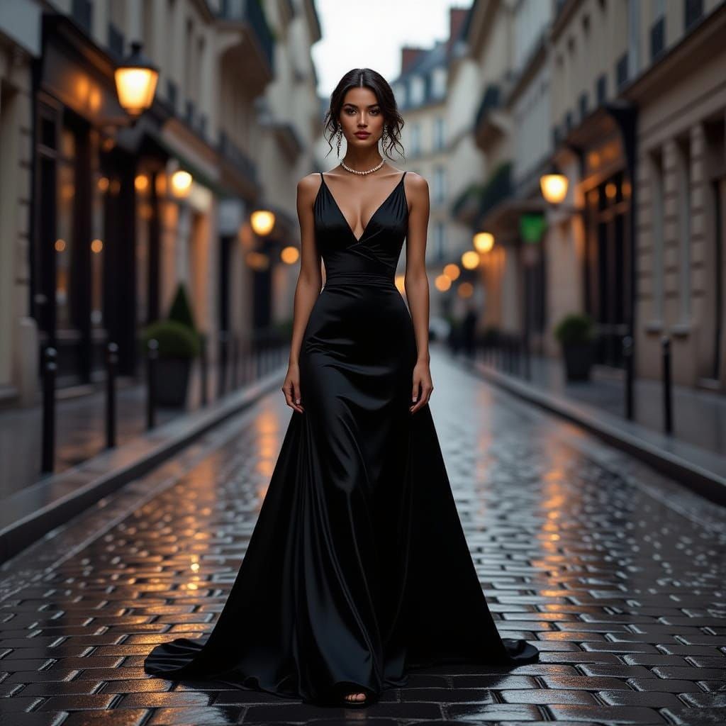 Elegant Woman in Black Gown on Parisian Street at Dawn