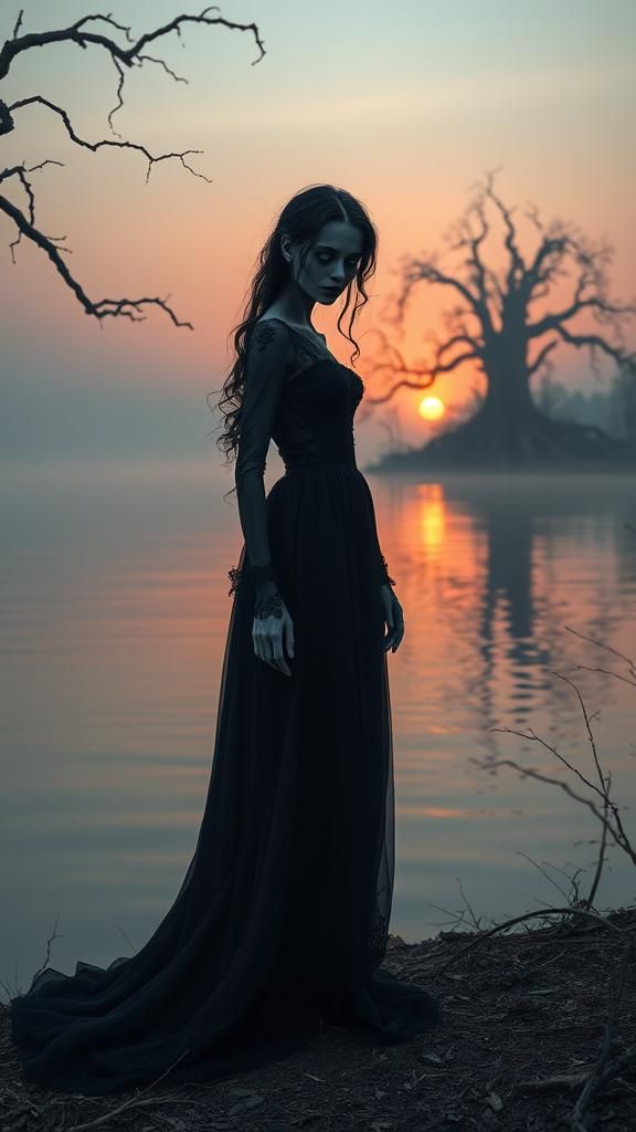 Gothic Zombie Woman Mourning by Misty Lake
