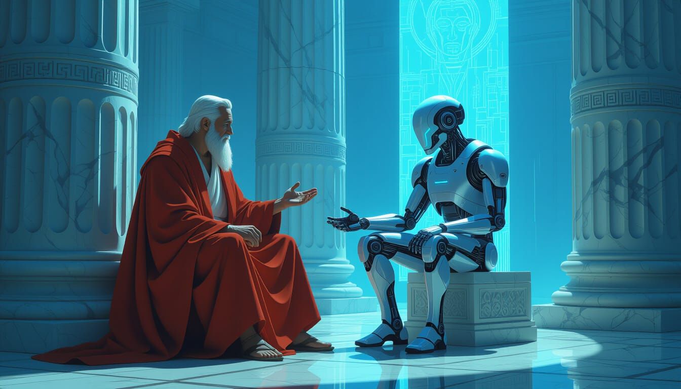 Philosopher and Cyborg Exchange Witty Remarks Amidst Ancient...