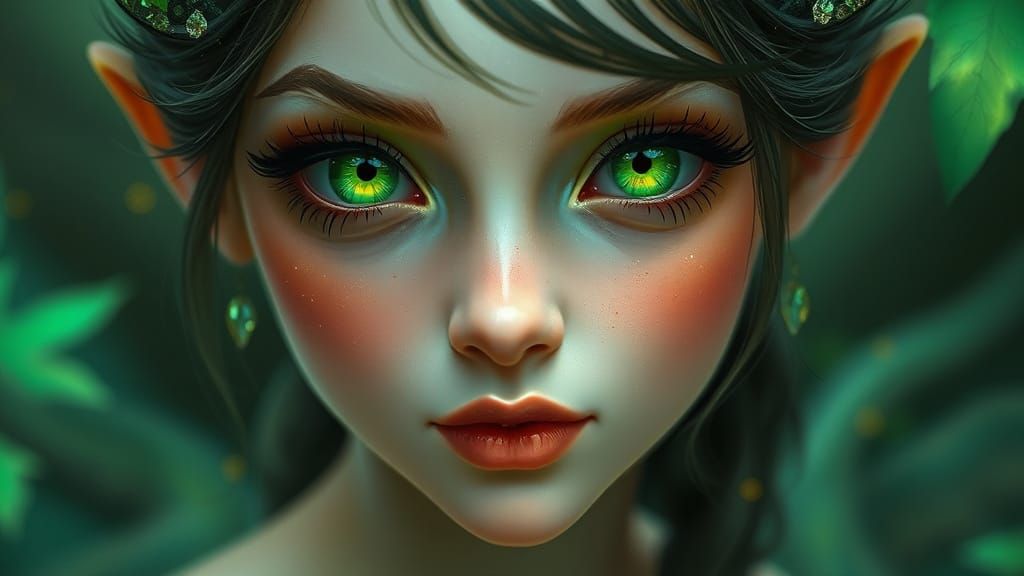 Whimsical Forest Sprite with Enchanting Emerald Eyes