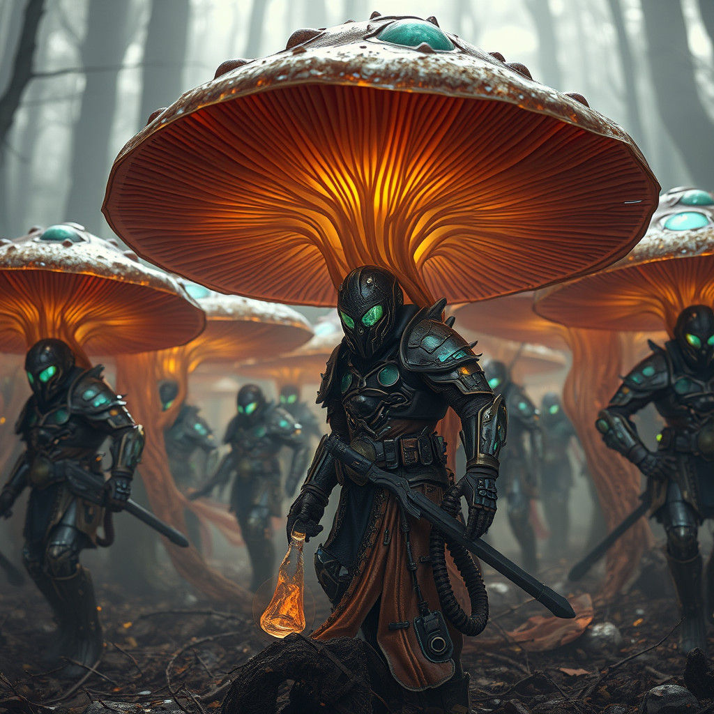 Symbiotic Mushroom Warriors in Fantasy Concept Art