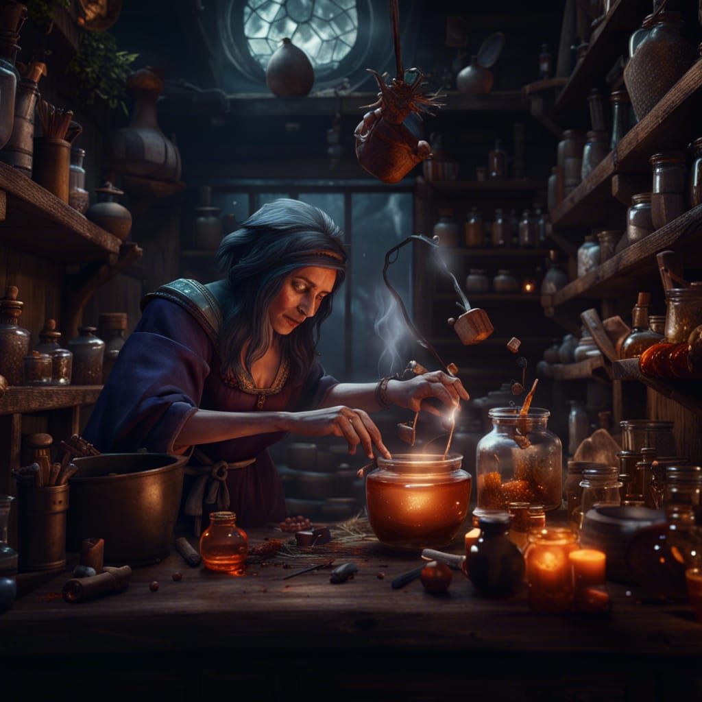 Kitchen Witch Cooks Potion: Detailed Matte Painting