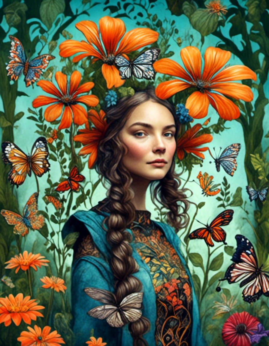 Botanical Garden with Fairies in Precision Ink Style