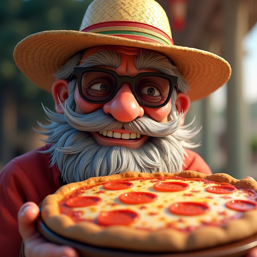 Anime Style Grandfather Enjoying Pizza with Old Money Flair