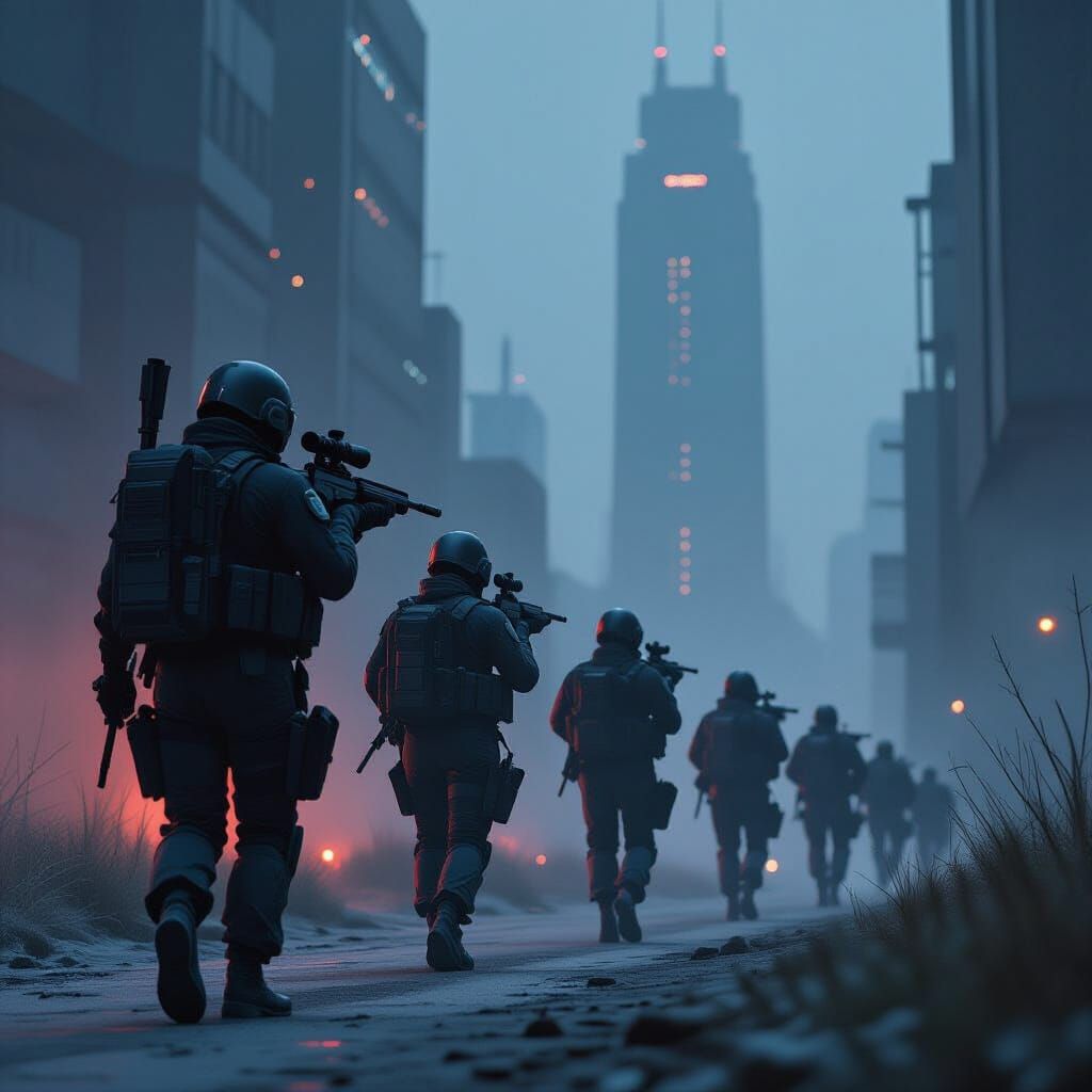 Stealth Soldiers Approach Tower in Dystopian Future