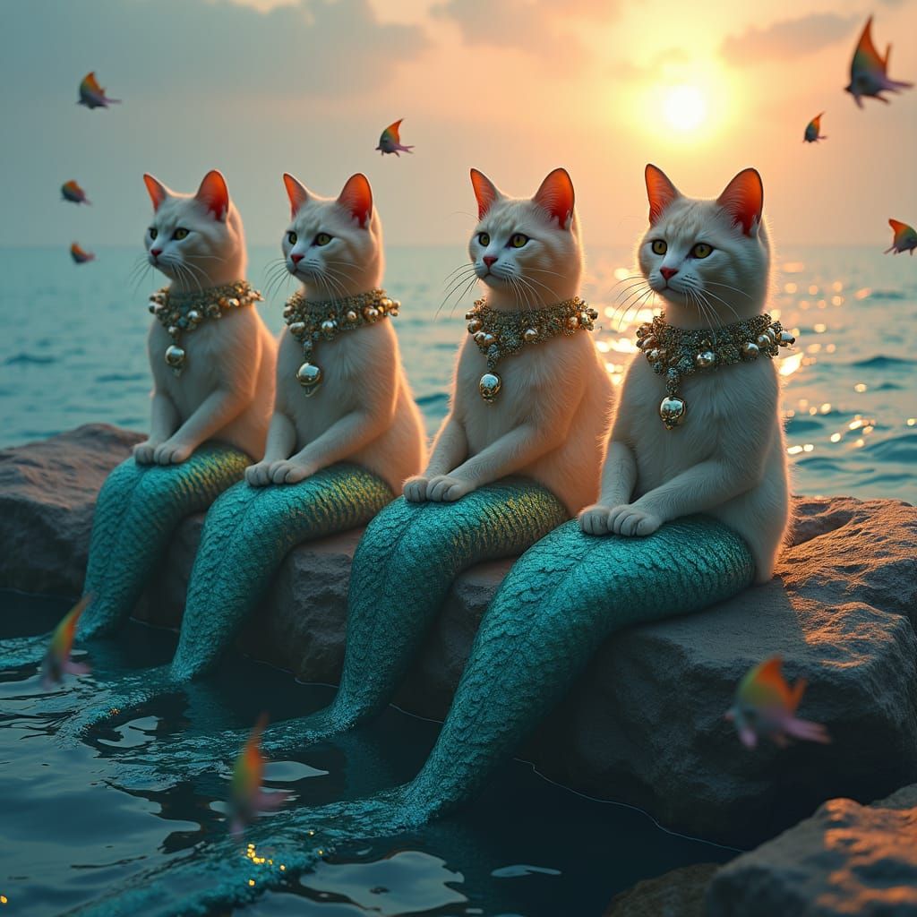 Cat Mermaids Lounging at Sunset: Digital Matte Painting