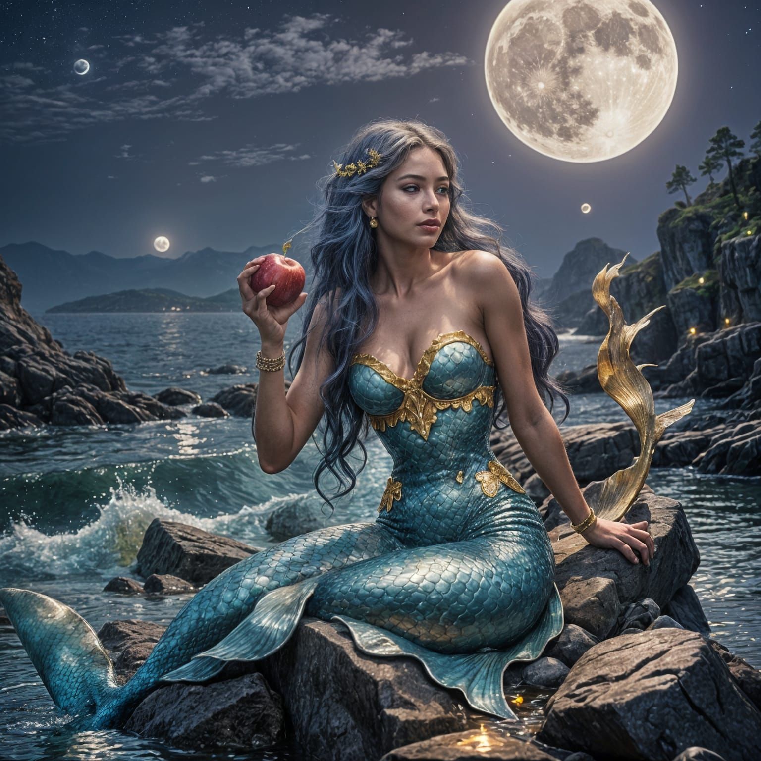 Hyperdetailed Mermaid Enjoys Apple Under Full Moon