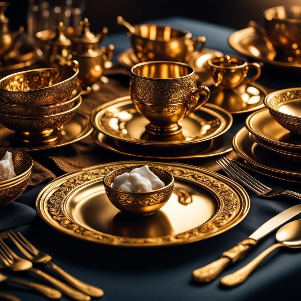 Gold Tableware and Delicious Food in HDR