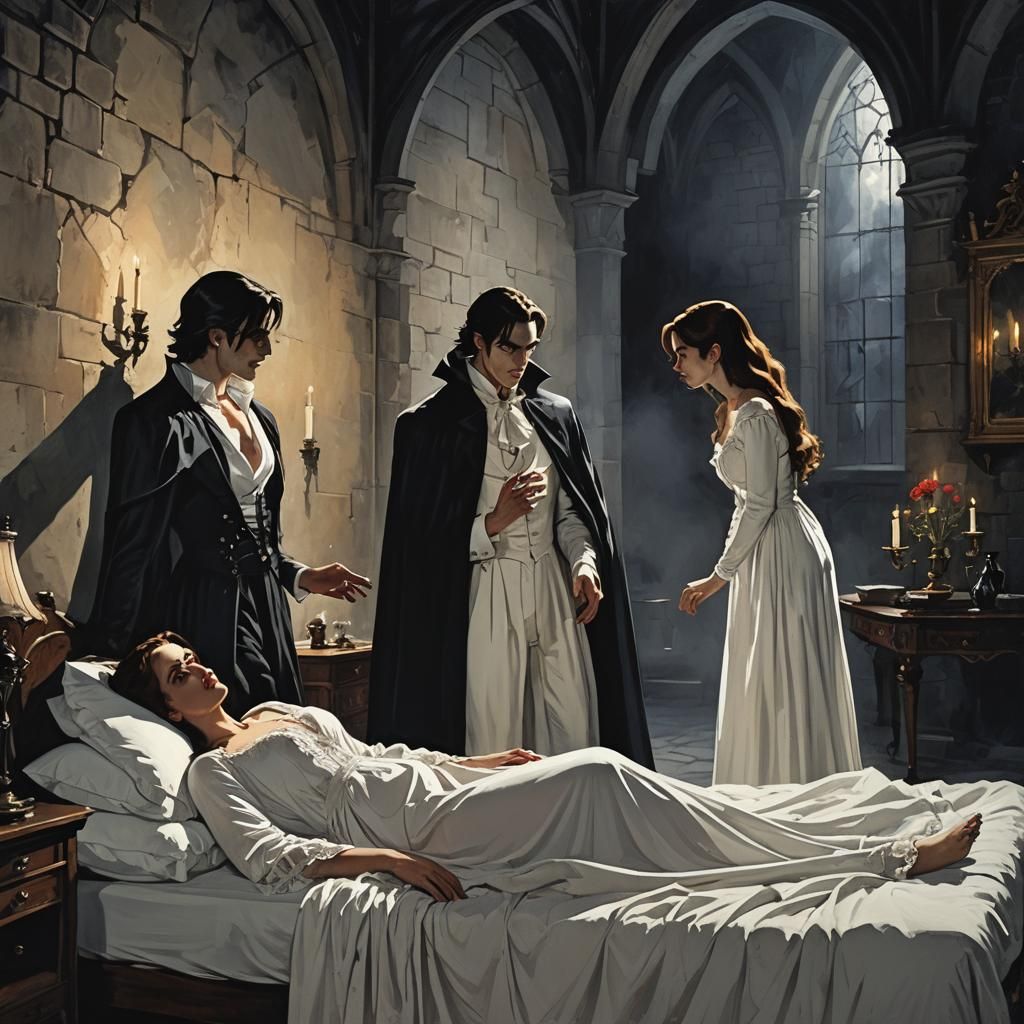 Cinematic Vampire Scene in Castle Bedroom