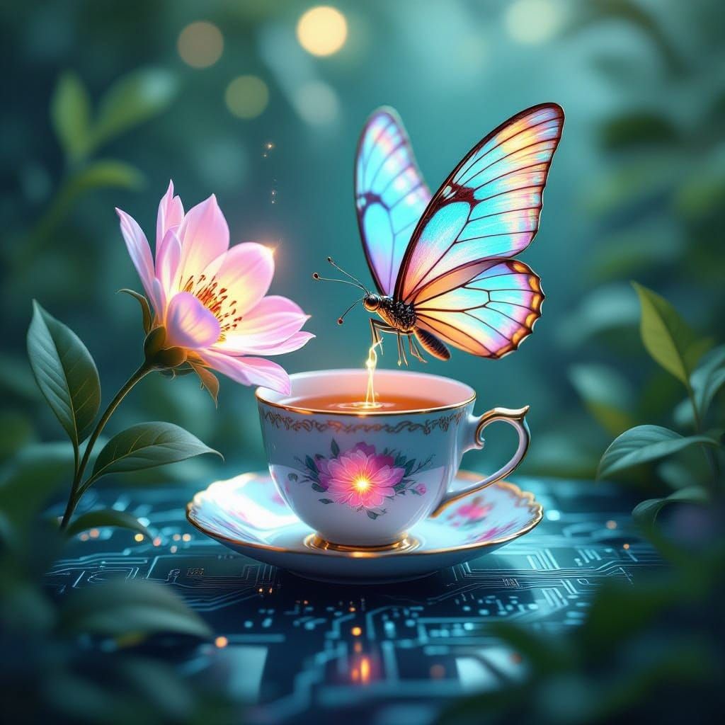 Digital painting. A tiny, jewel-toned  tea cup hovers mid-ai...