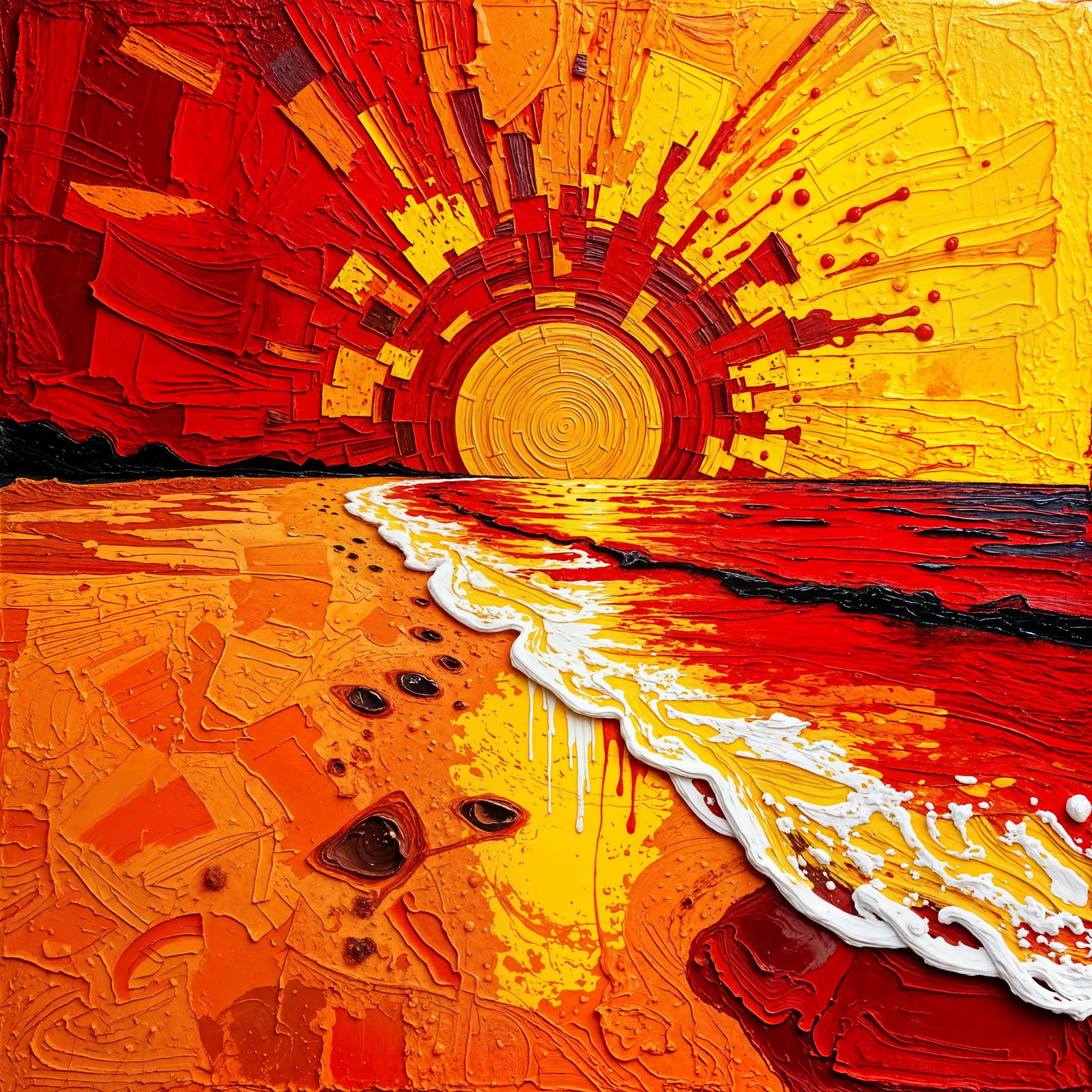Impasto Beach Scene with Rising Sun