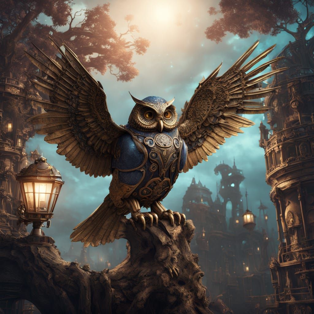 Clockwork Owl on Ancient Branch in Nebula