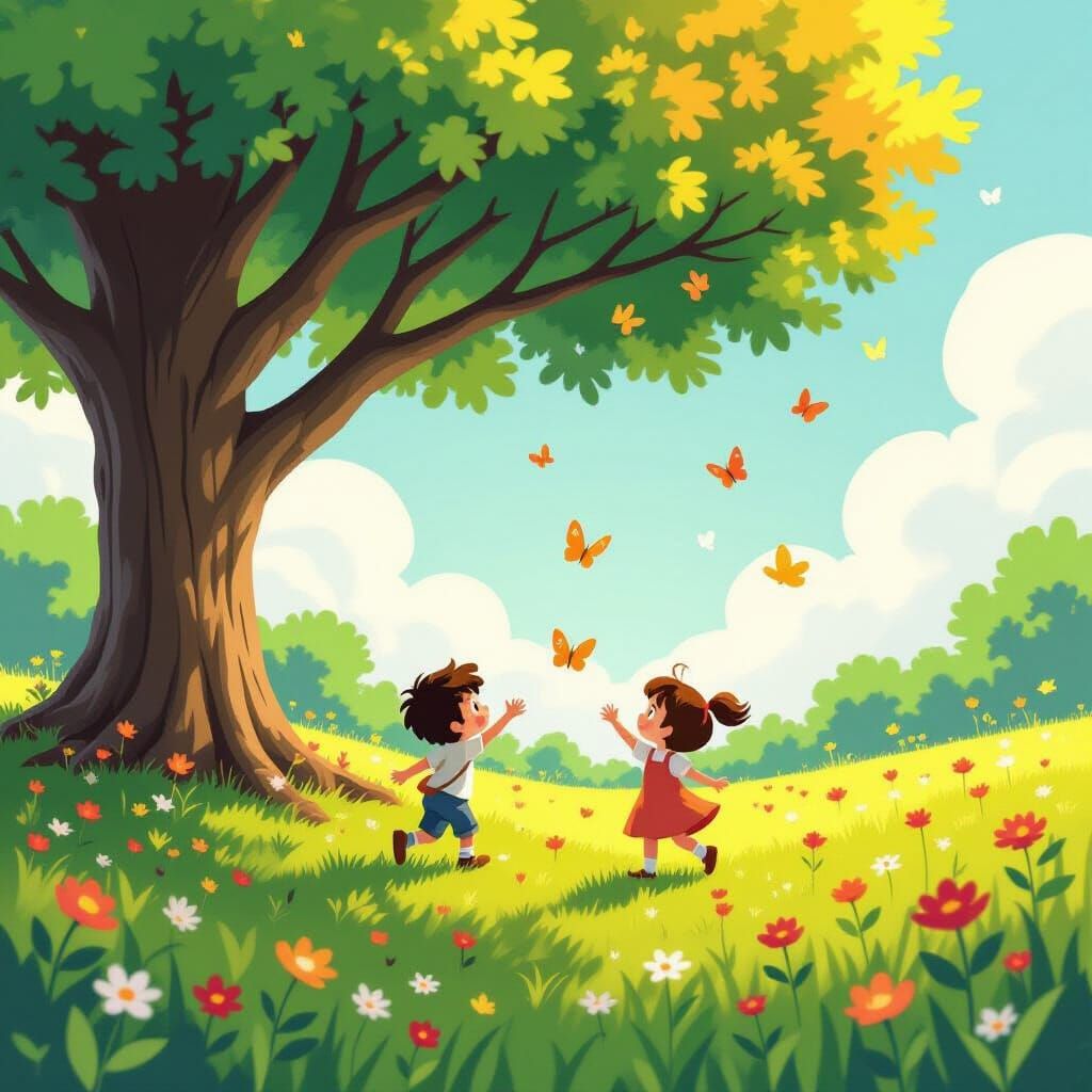 Child Chasing Butterflies in Sunlit Meadow with Glowing Tree