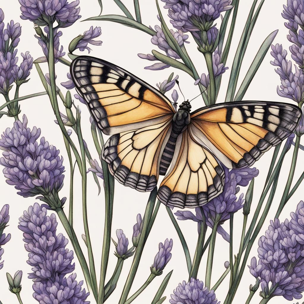 Butterfly Foraging Lavender Flower: Botanical Illustration